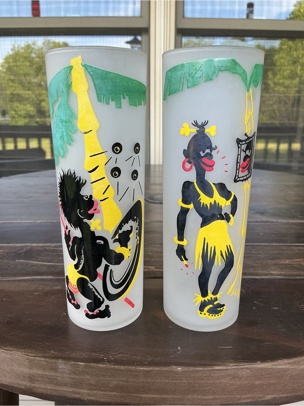 (2) Vintage 1950's Libbey MCM Frosted Tropical Native Tribal Drinking Glasses